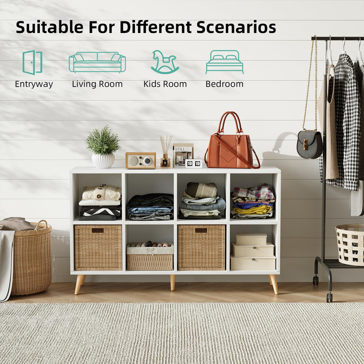 8-Cube Bookshelf 2 Tier Modern Bookcase with Legs, 11in Shelf Opening, 47" Wood Bookshelves Storage Organizer Shelf, Freestanding Open Book Shelves for Bedroom Living Room Office, Modern White Flrrtenv