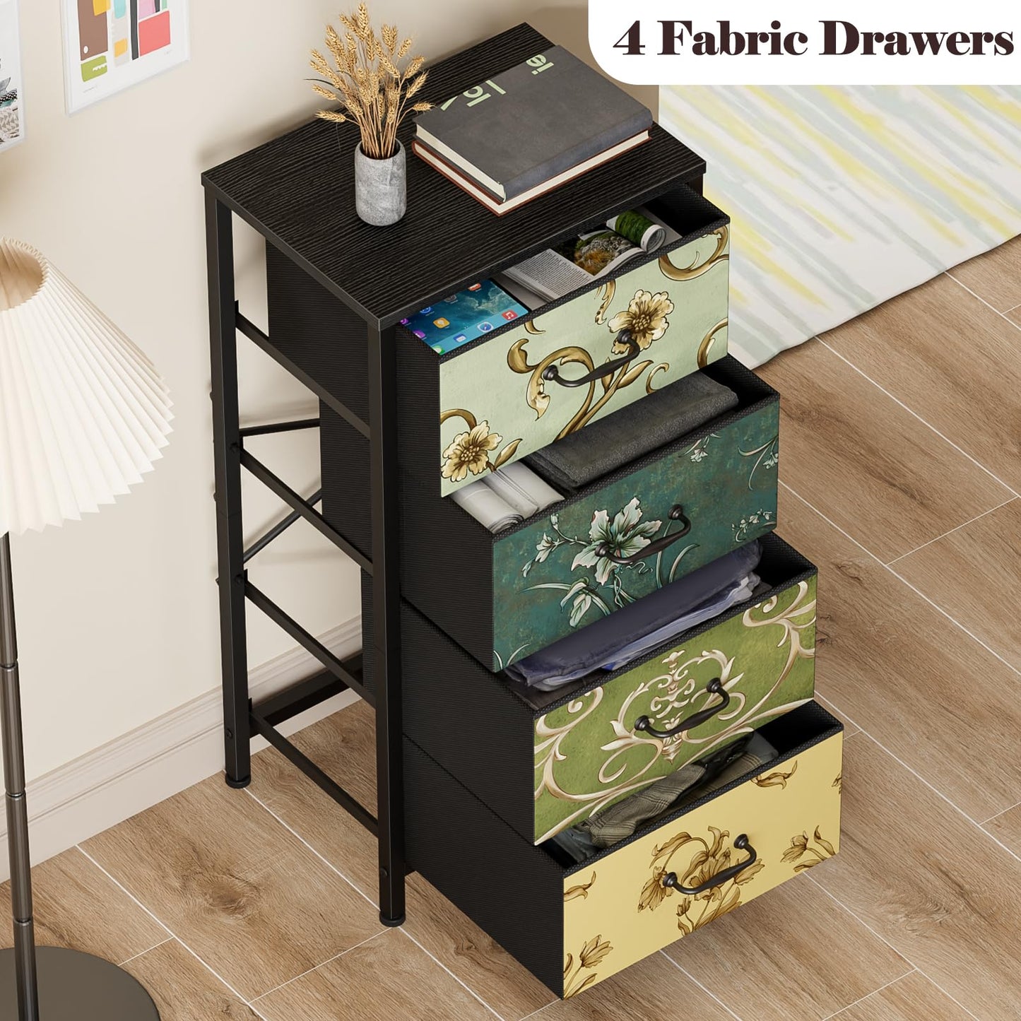 Furnulem 4 Drawer Dresser, Vertical Nightstand for Kids, Adult, Fabric Chest of Drawers for Bedroom, Living Room, Closet, Nusery, Storage Tower Unit Retro Style Furniture, Wood Desk Top