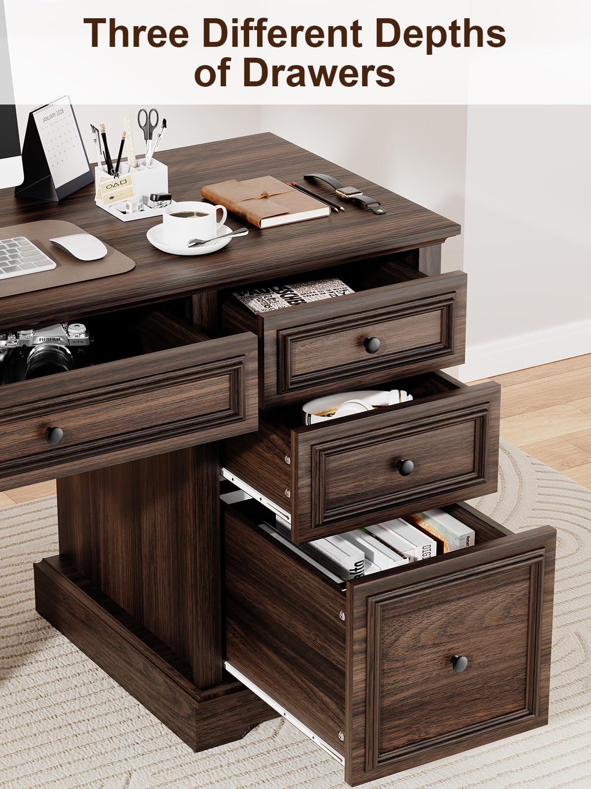 Vipbear 60" Farmhouse Executive Office Desk with Drawers and File Cabinet, Embossed Texture Wood Home Office Desk, Rustic Computer Desk, Workspace for Work Study Writing, Dark Brown Vipbear