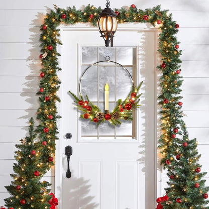 Dolicer 2 Pcs Christmas Wreaths for Front Door Window 12In Christmas Wreaths with LED Lighted Taper Candles and Remote Control Berries and Pine Cones Wreaths for Holiday Christmas Party Decoration