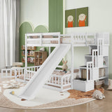 Duxelifin Twin Over Full Bunk Beds with Slide and Stairs, Low Bunk Bed Frame with Rails, Convertible Wood Bunk Bed with Storage Staircase for Kids Boys Girls, White Duxelifin