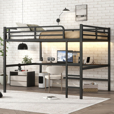 Queen Size Metal Loft Bed with Desk, LED Lights & USB Charging Station, Sturdy Noise-Free High Loft Bed Frame with Safety Guardrails, Space-Saving Loft Bedframe for Adults, Kids, Teens, Black (Queen)