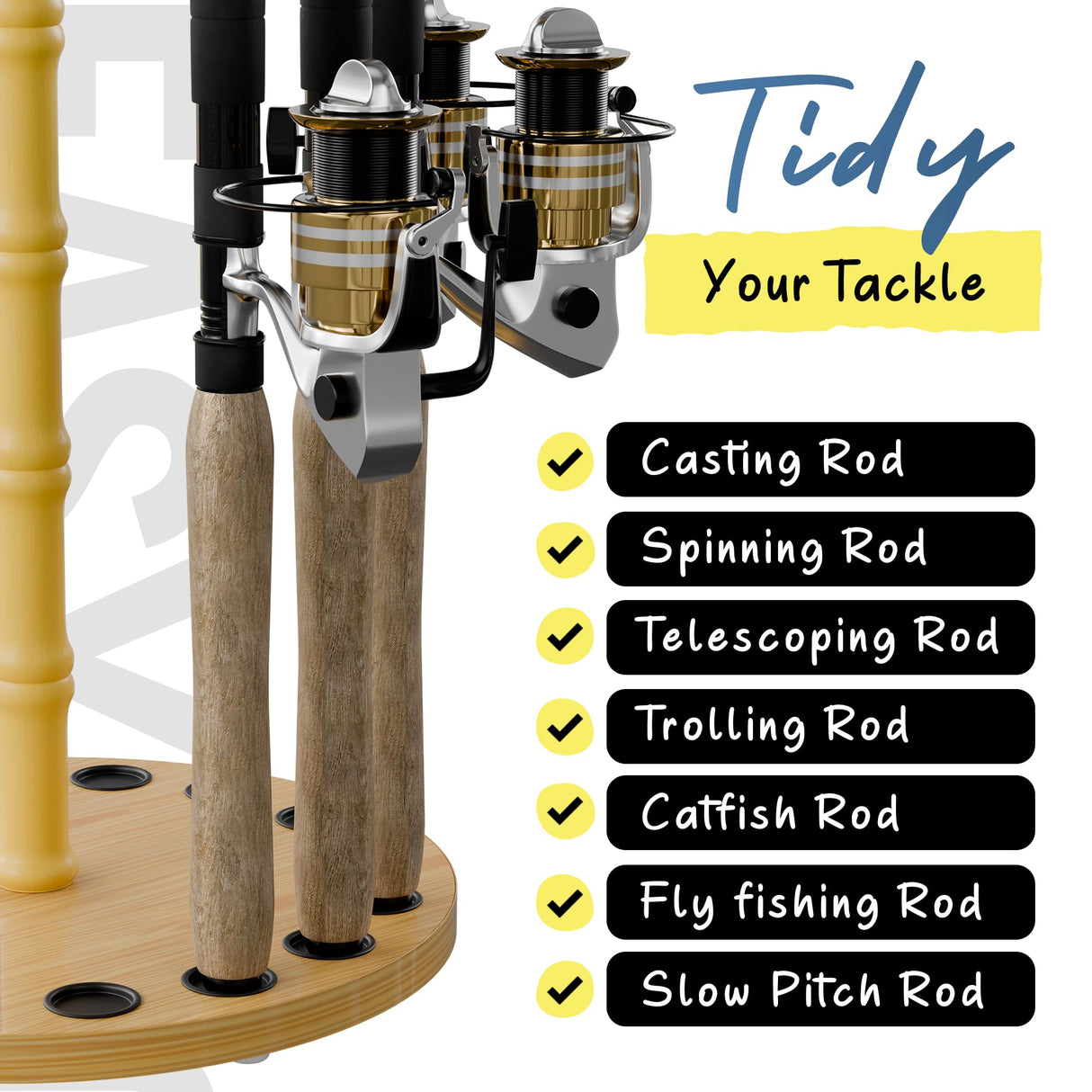 Rush Creek Creations Round 16 Fishing Rod Storage Rack - Features Traditional Handcrafted Wood Post - No Tool Assembly, Wood Grain Laminate Rush Creek Creations