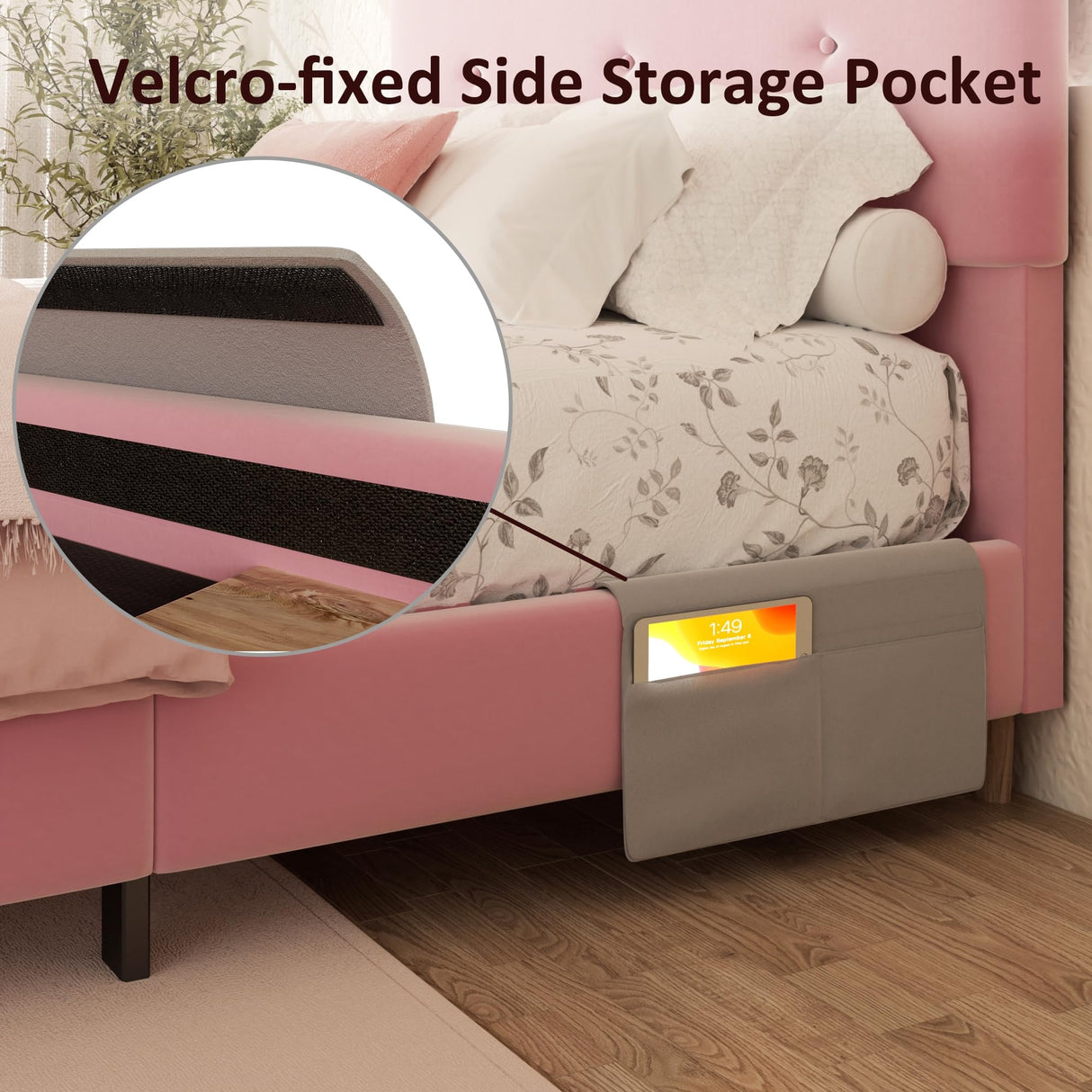 Queen Size Platform Bed Frame with Velvet Upholstered Headboard, Button Tufted Headboard and Footboard, Anti-Collision Soft Rounded Corners, No Box Spring Needed, Easy Assembly, Pink viplov