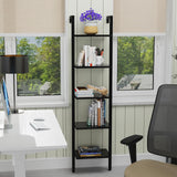 YMYNY Industrial 5-Tier Wall-Mounted Ladder Bookcase - Black Wooden Storage Shelves YMYNY