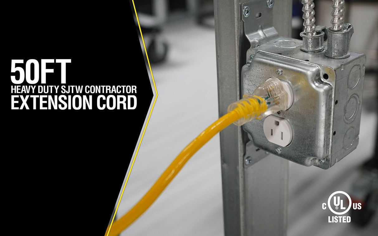 Yellow Jacket Heavy Duty Extension Cord, 50Ft, 12 Gauge, 3 Conductor, Lighted End, Weather Resistant, SJTW, Yellow, 2884 Yellow Jacket
