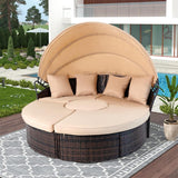 SUNCROWN Outdoor Patio Round Daybed with Retractable Canopy, Wicker Sofa Furniture Clamshell Sectional Seating with Cushions,Backyard, Porch, Brown SUNCROWN