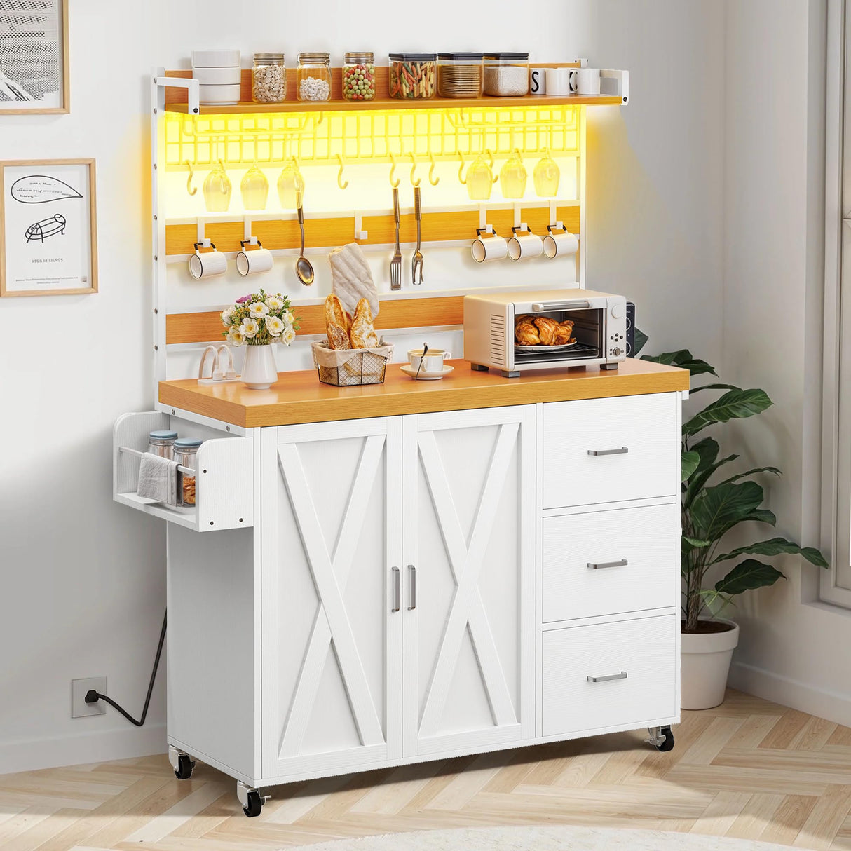 YITAHOME Bakers Rack with Power Outlet and LED Light, 53 Inch Microwave Stand with Storage Cabinet Thickened Counter, Farmhouse Coffee Bar Cabinet on Wheels Tall Shelf for Spices, Cups, Pots, White YITAHOME