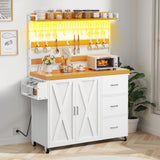 YITAHOME Bakers Rack with Power Outlet and LED Light, 53 Inch Microwave Stand with Storage Cabinet Thickened Counter, Farmhouse Coffee Bar Cabinet on Wheels Tall Shelf for Spices, Cups, Pots, White YITAHOME