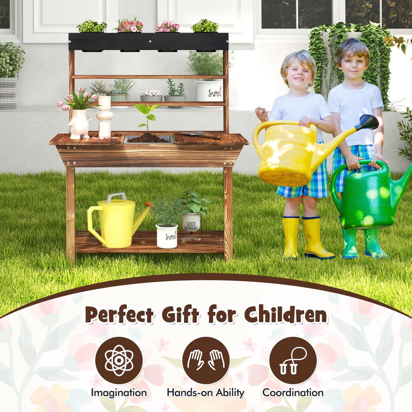 Costzon Kids Potting Bench, Wood Toy Gardening Center with 4 Pots, Chalkboard, Removable Sink, Storage Shelves, Mud Kitchen for Kids Outdoor Play Kitchen, Gift for Boys Girls 3+ - WoodArtSupply