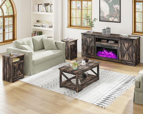 AMERLIFE 5-Piece Farmhouse Table Set Includes Fireplace TV Stand, Coffee Table& Two End Tables with Charging Station and USB Ports, for Living Room, Dark Oak, 63" AMERLIFE