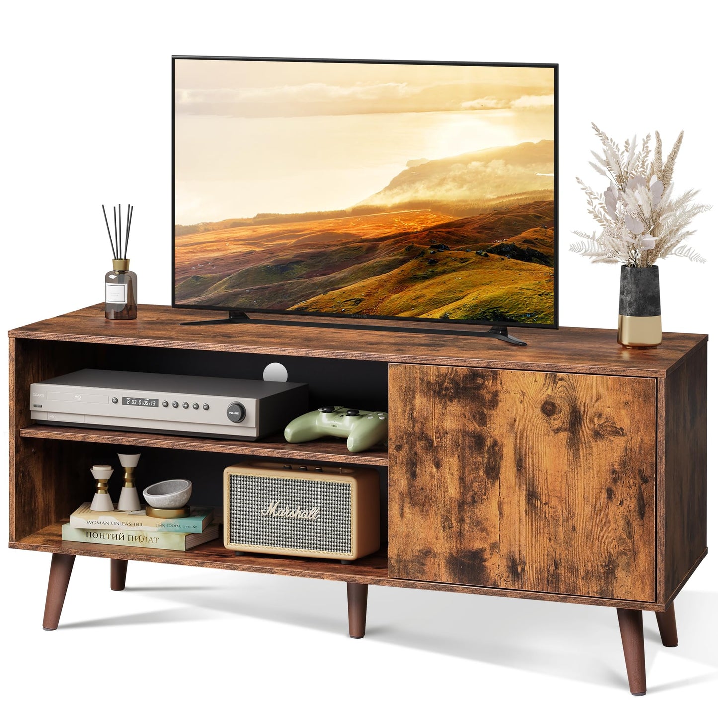 WLIVE Mid-Century Modern TV Stand for 55" TV, Entertainment Center with Storage, Open Shelves TV Console for Living Room and Bedroom, Retro Brown