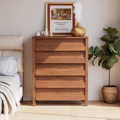 IRONCK 5 Drawer Dresser for Bedroom, Modern Chest of Drawers with Handleless Design, Wooden Tall Dresser Storage Cabinet Bedroom Furniture for Living Room, Hallway, Closet, Walnut IRONCK