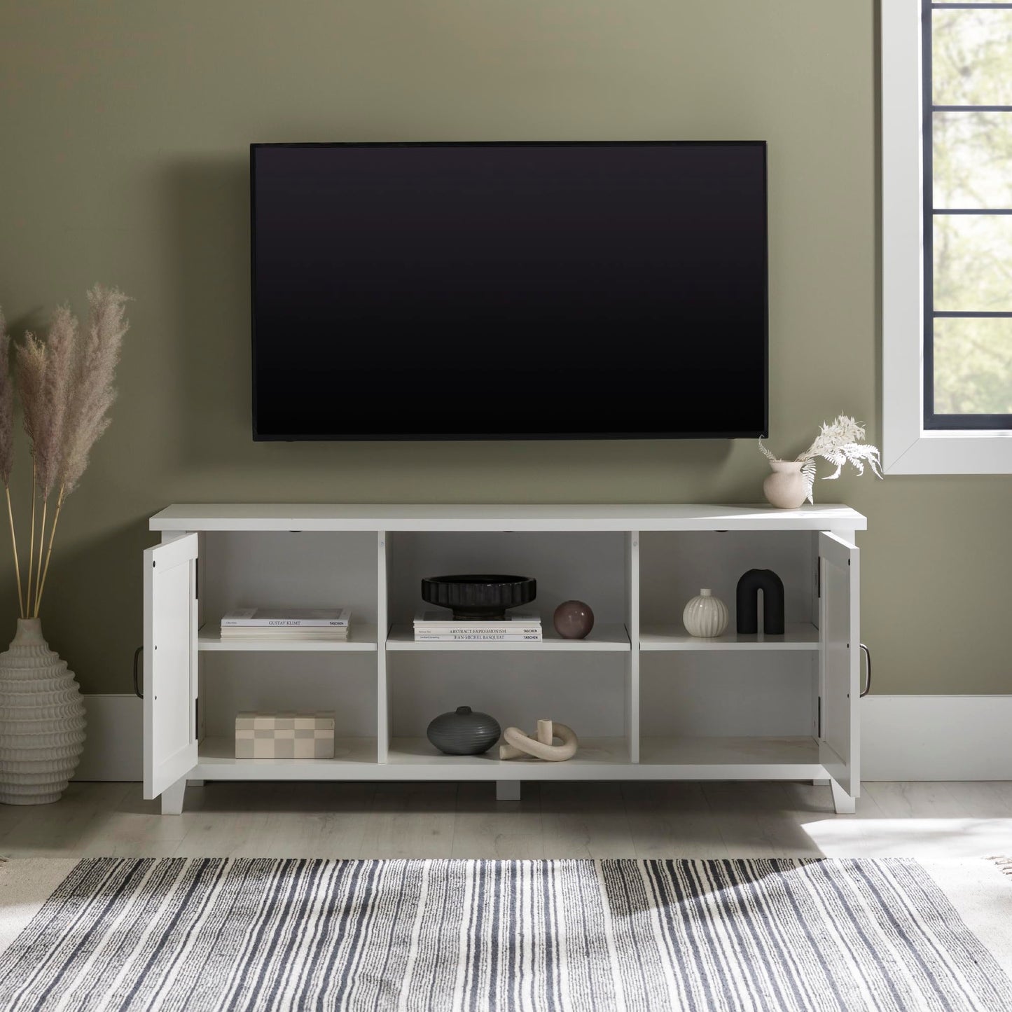 Walker Edison Buren Classic Grooved Door TV Stand for TVs up to 65 Inches, 58 Inch, Solid White - WoodArtSupply