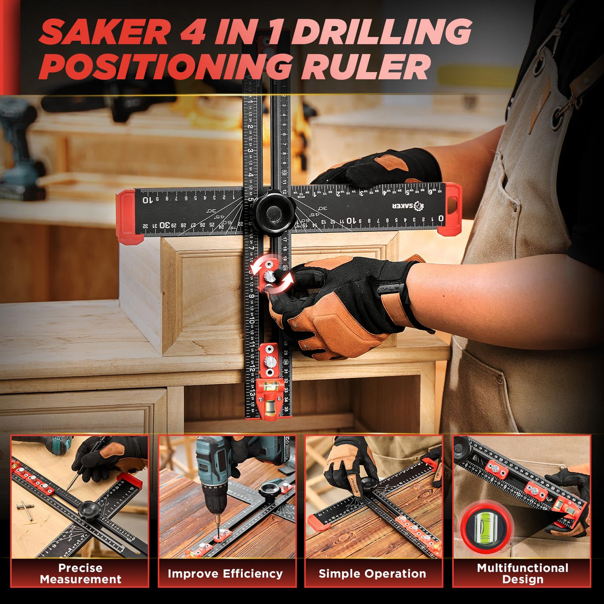 Saker 4-in-1 Drilling Positioning Ruler, Adjustable 13.78in Multifunctional T Square Ruler, Cabinet Hardware Jig, Marking Gauge Tools for Woodworking, Cabinet Drawer Door Hole Drilling Template Saker