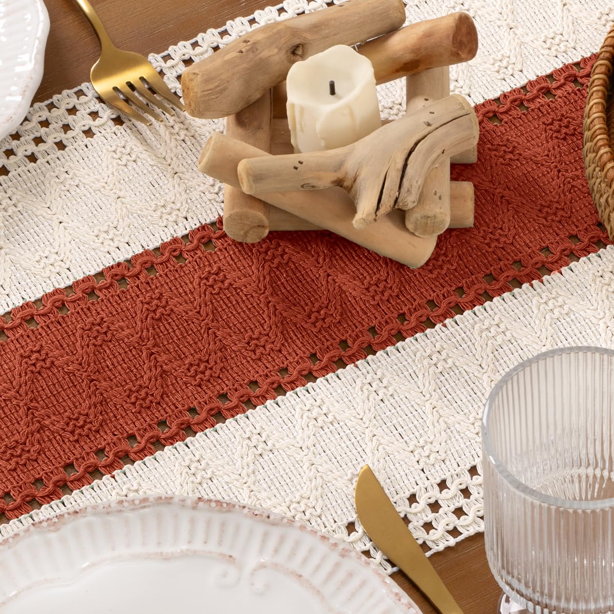 DeZerlor Boho Macrame Table Runner Terracotta Fall Farmhouse Woven Small Table Runner with Tassels 48 Inches Ivory& Rust Cotton Linen Kitchen Table Centerpiece for Dining Dresser Home Tea Table Decor DeZerlor