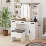 43" Farmhouse Makeup Vanity Desk with Lights and Chair, Vanity Table with Sliding Mirror and Power Strips, 3 Drawers & 2 Cabinets, Open & Hidden Shelves, Stool Included, White Dressing Table amzzar