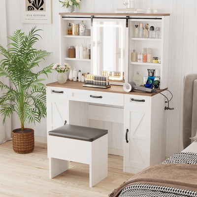 43" Farmhouse Makeup Vanity Desk with Lights and Chair, Vanity Table with Sliding Mirror and Power Strips, 3 Drawers & 2 Cabinets, Open & Hidden Shelves, Stool Included, White Dressing Table