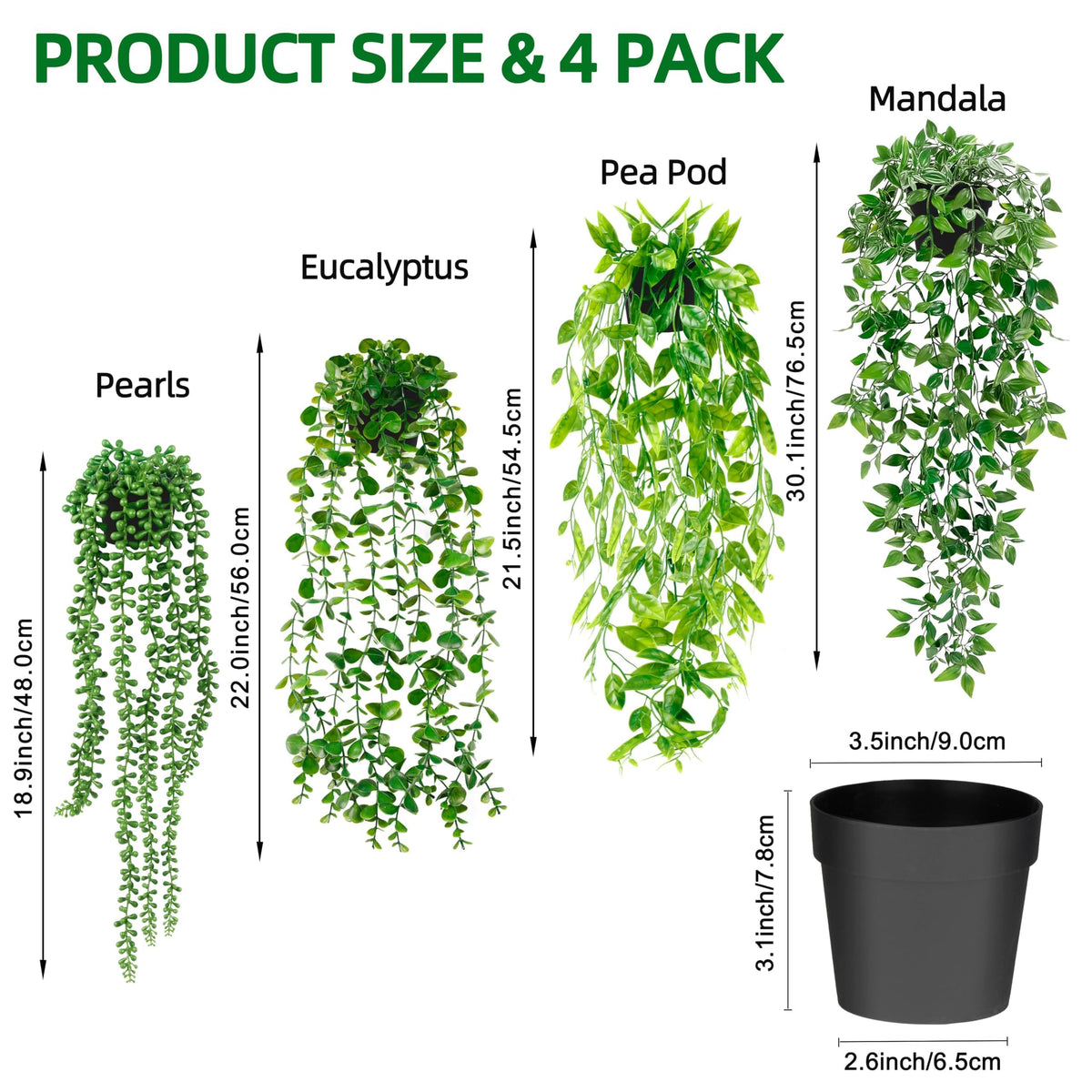 Artificial Hanging Plants for Shelf, 4 Pack Fake Potted Greenery Faux Eucalyptus Vine, Mandala Vine, String of Pearls,Pea pod Leaves in Pot for Office Living Room Bathroom Indoor Outdoor Décor Palonu