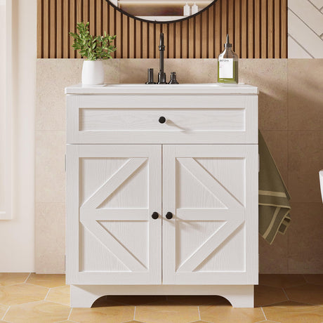 30 Inch Bathroom Vanity with Sink - Farmhouse Single Sink Cabinet, Adjustable Shelves & Ceramic Basin, Bathroom Sink Cabinet for Guest Baths Master Suites or Rental Units (White) ModernMate