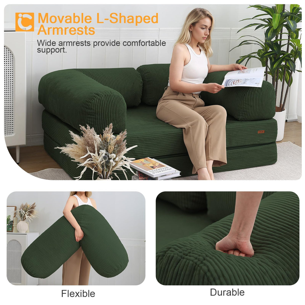 COMAX Futon Sofa Bed, 4-in-1 Floor Foldable Sofa Couch Bed Queen with L-Shaped Armrests, Convertible Folding Chair Bed Sleeper Mattress Fold Out Comfy Lounge for Living Room Bedroom, Green COMAX