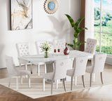 KUVADAZ 63"-78.74" White Faux Marble Extendable Dining Room Table Set for 8, 9-Piece Dining Table Set with 8 Chairs, Rectangle Wooden Expanding Kitchen Table and Beige Upholstered Chairs Set KUVADAZ