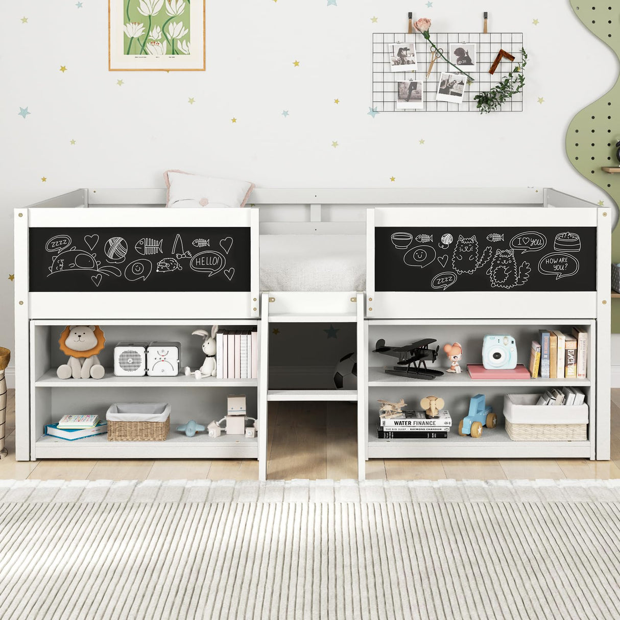 Giantex Low Loft Bed Twin Size, Wooden Loft Bed with Ladder & Blackboard, Twin Bed Frames for Kids with Storage 2 Bookcases and Under-Bed Play Space, Kids Twin Bed (White) Giantex