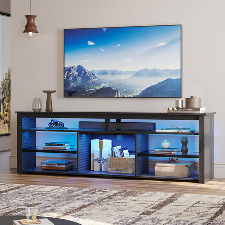 Bestier Tall TV Stand for 75 inch TV, LED Entertainment Center, Gaming TV Console with Storage for PS5, Modern TV Cabinet for Bedroom, Living Room, Black Carbon Fiber Bestier