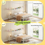 Homkdom Canopy Bed Frame with Storage Headboard, Full Size Bed Frame with 4 Removable Posts, Sturdy Metal Platform with Under-Bed Storage, Dual Purpose Bed Frame, No Box Spring Needed, White Homkdom