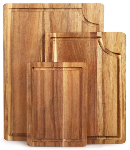 Acacia Wood Cutting Board Set with Juice Groove (3 Pieces), Organic Wooden Cutting Boards for kitchen, Butcher Block Cutting Board for Meat, Vegetable, Wooden Chopping Board 15x10, 12x8, 9x6 inch