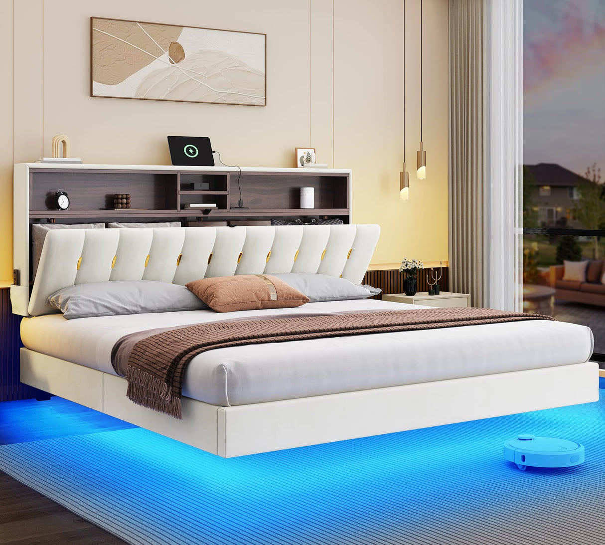 YITAHOME King Size Floating Bed Frame,Upholstered Platform Bed with RGB LED Lighting, USB Charging and Headboard Storage,Velvet Platform Bed Frame, Box Spring Not Required - Beige YITAHOME