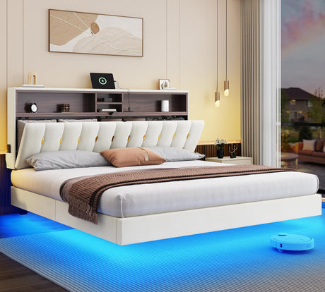 YITAHOME King Size Floating Bed Frame,Upholstered Platform Bed with RGB LED Lighting, USB Charging and Headboard Storage,Velvet Platform Bed Frame, Box Spring Not Required - Beige YITAHOME