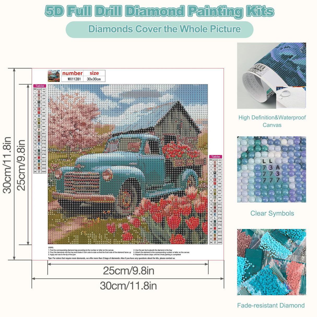 CEOVR Truck Diamond Painting Kits, Truck Flower Diamond Art Dots for Adults 5D Full Drill DIY Gem Art for Beginner, Adult Crafts Kits Arts and Crafts Wall Decor for Home Office 12x12in CEOVR