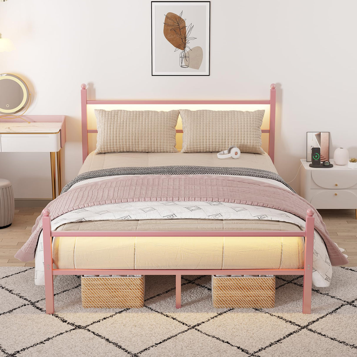 CollaredEagle Queen Bed Frame with Headboard and Footboard,Heavy Duty Steel Slats Support Metal Bed Frame with Charging Station,Pink CollaredEagle