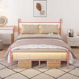 CollaredEagle Queen Bed Frame with Headboard and Footboard,Heavy Duty Steel Slats Support Metal Bed Frame with Charging Station,Pink CollaredEagle