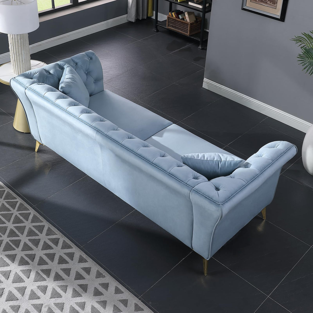 Alberobelo Chesterfield Sofa, 87" Blue Velvet Modern Couch, 3 Seater with Deep Seats, Mid-Century Design, Comfortable Sofa for Living Room, Bedroom and Office Alberobelo