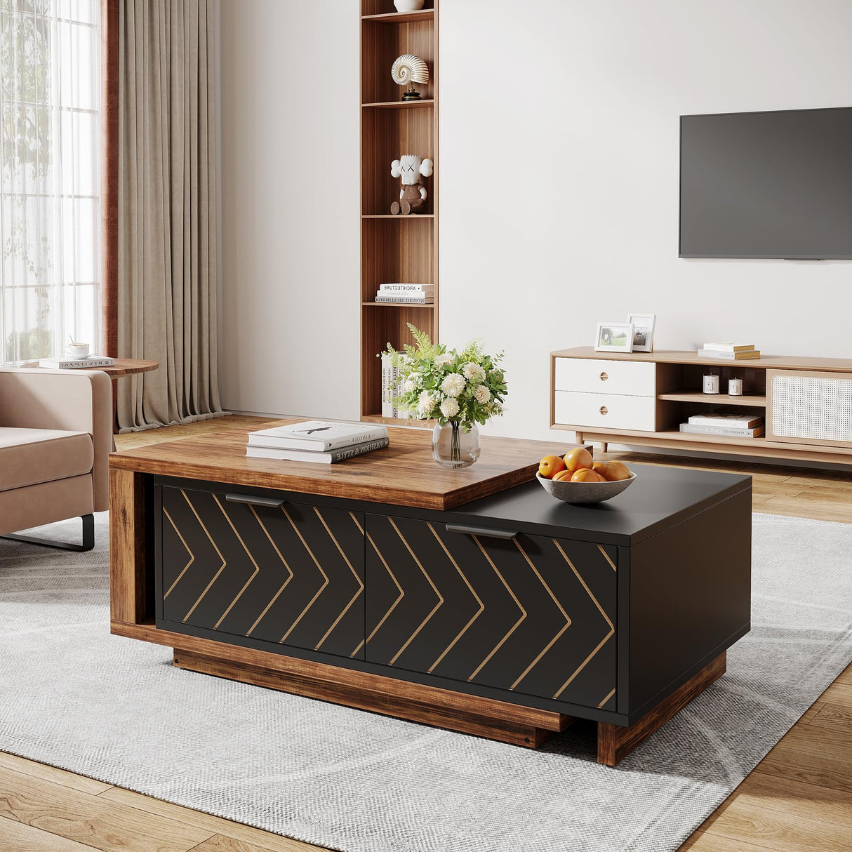 Tribesigns Extendable Coffee Table with 2 Storage Drawers, Dual-Tone Center Table with Sliding Tabletop, Multi-Functional Hidden Storage Wooden Rectangle Cocktail Table for Living Room (Brown & Black) Tribesigns