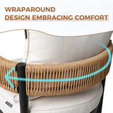 Grand patio 7-Piece Outdoor Dining Set for 6, Metal Woven Wicker Fixed Patio Chairs with Thickened Cushions & 1 Walnut-Like Aluminum Dining Table with Umbrella Hole for Backyard Deck Grand patio