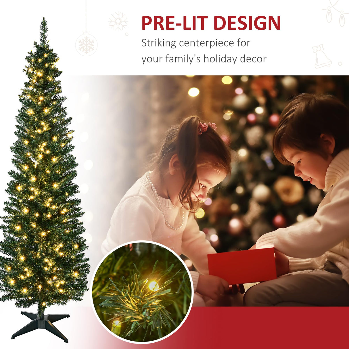 HOMCOM 6' Tall Pre-Lit Slim Noble Fir Artificial Christmas Tree with 200 Warm White LED Lights and 390 Tips, for Christmas Decoration, Green HOMCOM