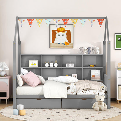 Bellemave Twin Size House Bed with Storage Drawers and Shelves - Gray Montessori Playhouse Frame for Kids - WoodArtSupply