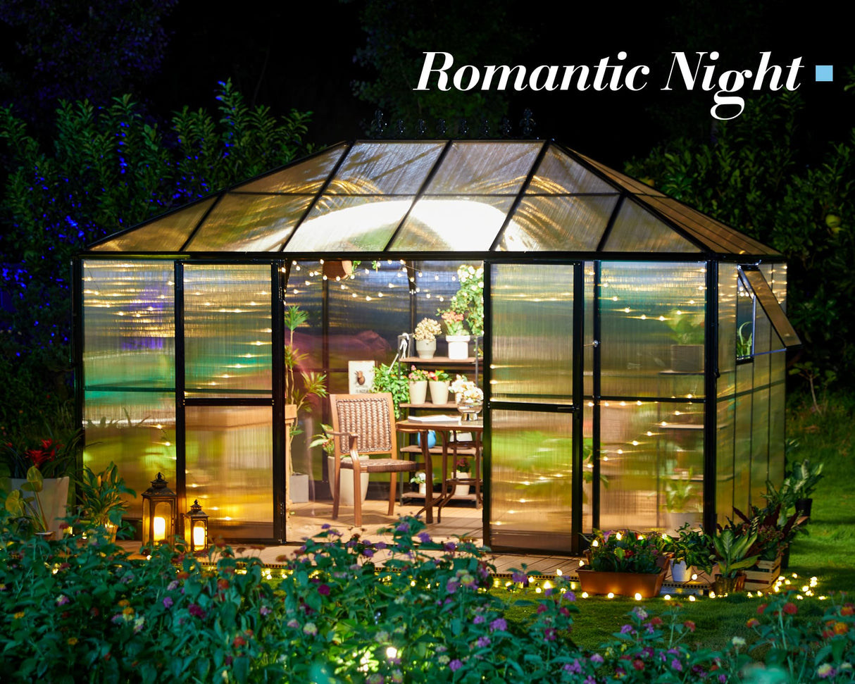 Jocisland 14x9.5x9 FT Polycarbonate Greenhouse- 6 FT Wall Height Outdoor Aluminum Greenhouses with 2 Ventilation and Rain Gutter, Double Doors with Hook, Walk-in Greenhouse for Backyard Garden Jocisland