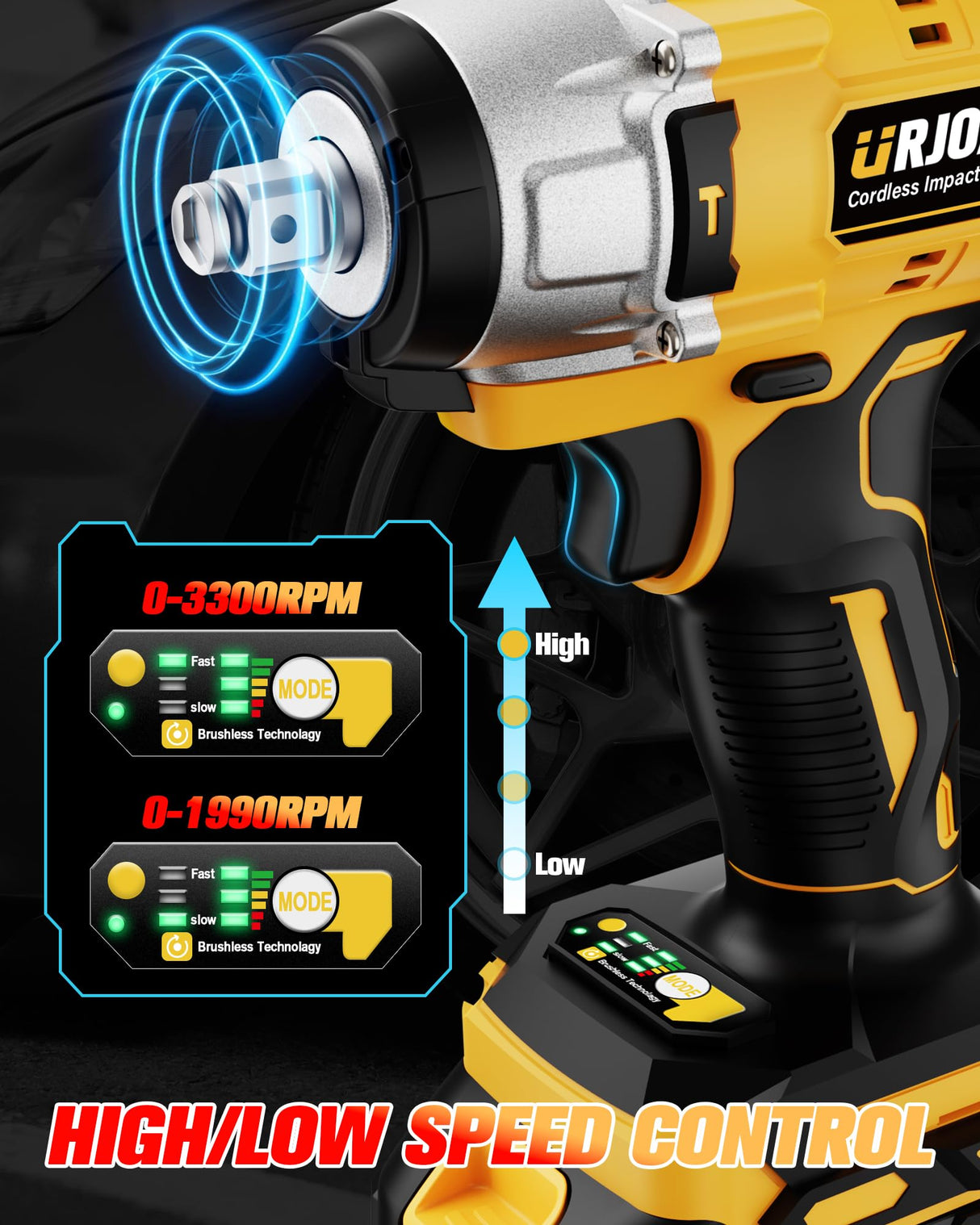 Urjoai Cordless Impact Wrench - 590Ft-lbs (800N.m) Brushless 1/2 inch, 3300RPM High Torque Impact Gun, 2x 4.0Ah Battery, Charger & 7 Sockets, Electric Impact Wrench for Car Home Urjoai