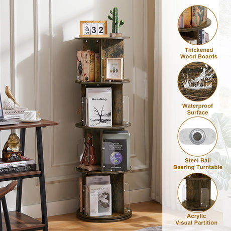 VECELO 4 Tier Revolving Bookshelf Tower, 360° Display Floor Standing Storage Rack with Acrylic Visible Window Partition for Bedroom, Living Room Home and Office, Brown VECELO
