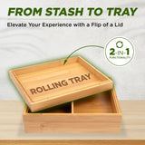 Large Bamboo Stash Box w/Ample Storage Space to Organize Herb Accessories - Comes with Convertible Rolling Tray Lid - (10" x 8" x 3.5") Subtle