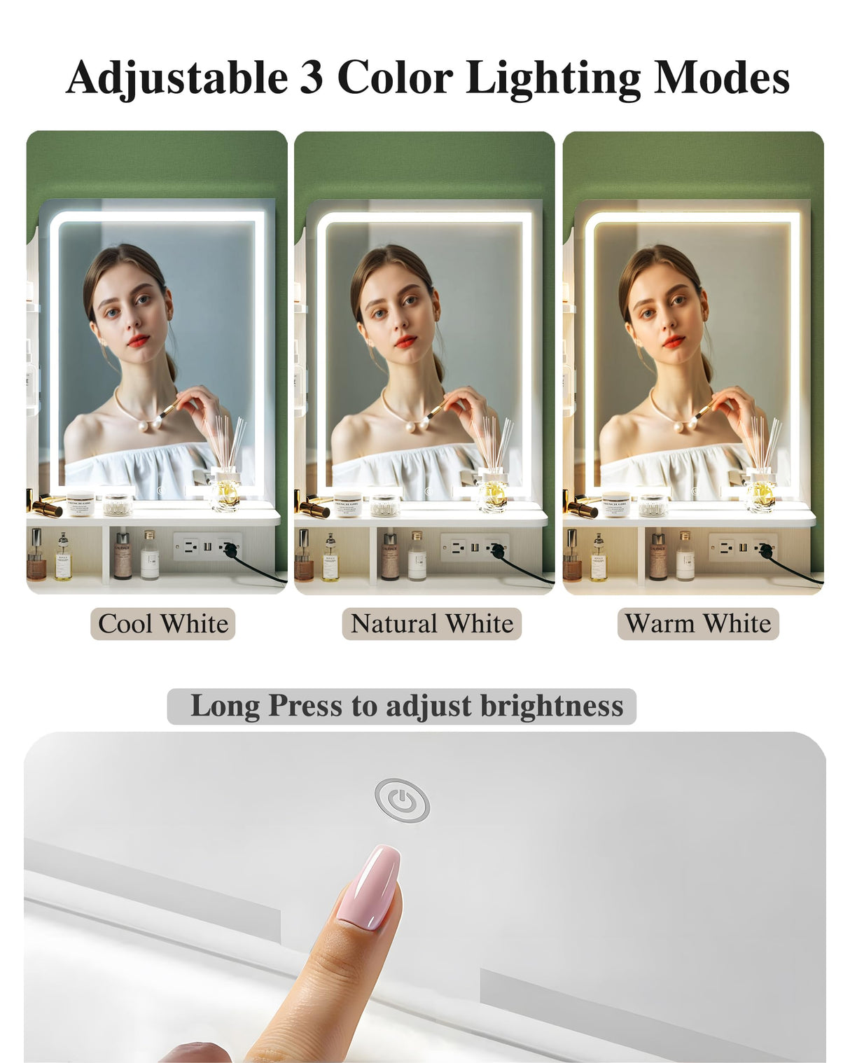 ALEXNUTRE Makeup Vanity Desk with Mirror and Lights, Small Vanity with Fabric Storage Drawer & Chair & Shelves, White Vanity with Fold-up Panel and Power Outlet for Bedroom ALEXNUTRE