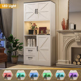 Frmobepts Kitchen Pantry Storage Cabinet with LED Lights and Power Strip, Tall Farmhouse Kitchen Pantry with Barn Doors and Drawers, Adjustable Shelves for Dining Living Room (White) Frmobepts