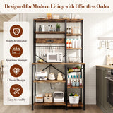 GRUSIGN Kitchen Bakers Rack with Storage, 6-Tier Coffee Bar Station with Power Outlet, Microwave Stand with 12 S-Shaped Hooks, Open Kitchen Storage Shelves for Spices, Pots and Pans, Rustic Brown GRUSIGN
