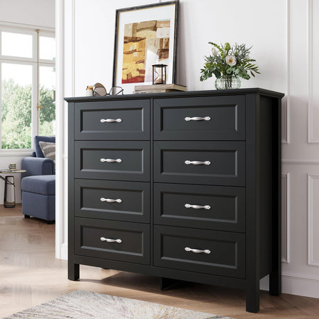 LINSY HOME 8 Drawers Dresser for Bedroom, Black Wood Dresser with Metal Handle, Farmhouse Tall Chest of Drawers with 1 pcs Fabric Divider Organizer, Storage Organizer for Living Room, Closet, Hallway LINSY HOME