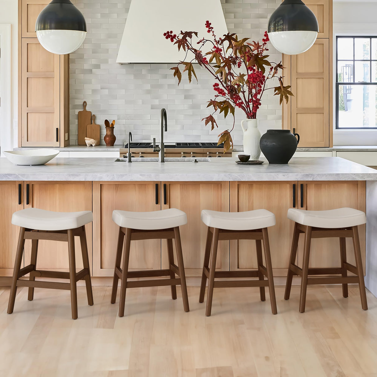 Cozyman Bar Stools Set of 3, Barstools with Sturdy Wood Legs, Saddle Seat Counter Height Bar Stools for Kitchen Counter, Bar, Dining, 24 Inch Farmhouse Counter Stools, Antique White Leather Cozyman