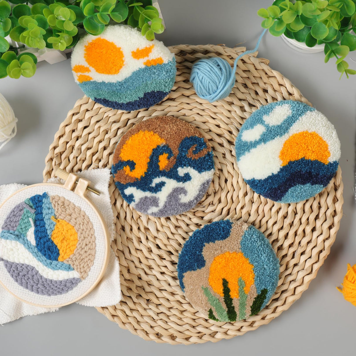 iienjoy Punch Needle Coasters Kit for Beginners Adults, 6 Pattern Embroidery Punch Needle Kits, Easy Tufted Rug Punch Decoration DIY Kit with Patterns, Tools, Yarns, Hoop, Instruction iienjoy